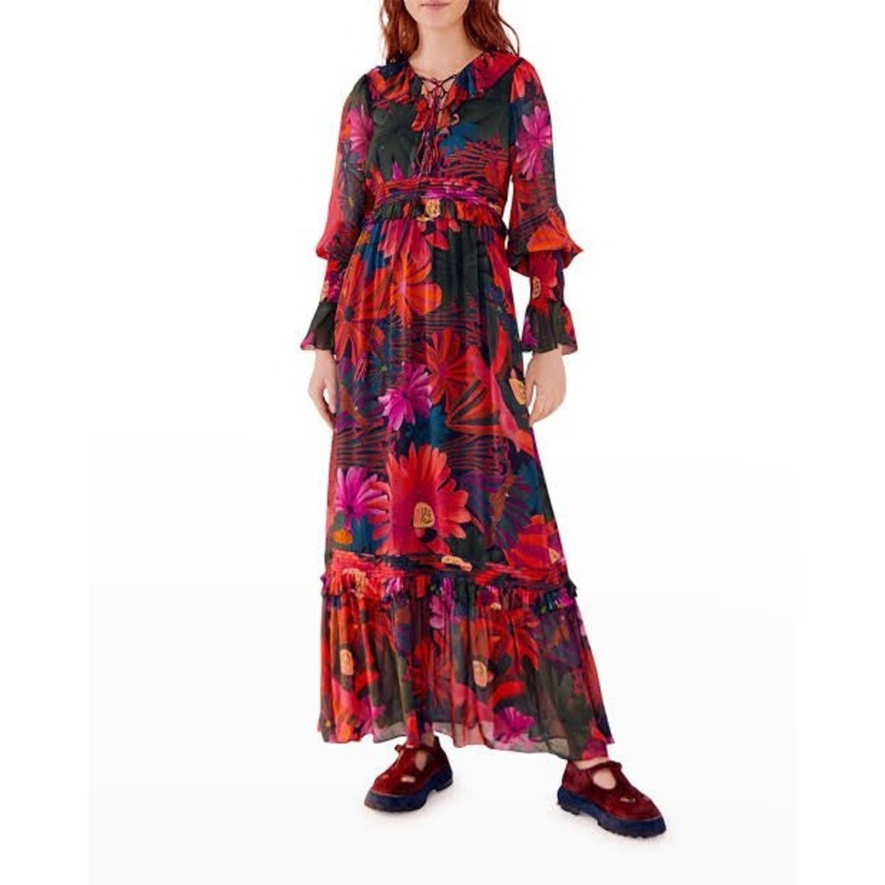 Farm Rio Bird Flowers Maxi Dress Ruffle Tiered Long Sleeve Boho Whimsigoth XS